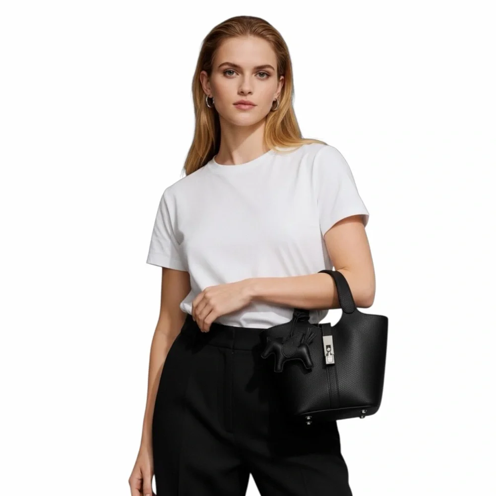 TU.Luxe Black Vegan Leather Bucket Tote w/ Pouch & Charm - Hermes-Similar Style